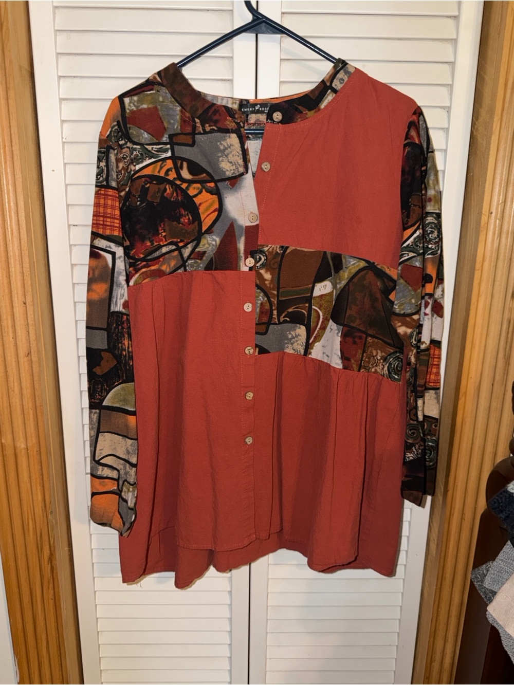 Emery Rose Rust Patchwork Button-Front Women’s Top